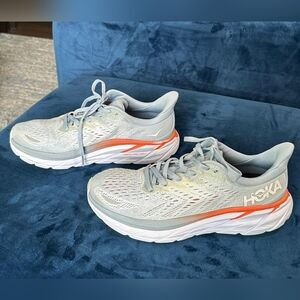 Hoka Clifton 8 Women's Running Sneaker US Size 8.5B Blue Gray Orange Lace Up EUC